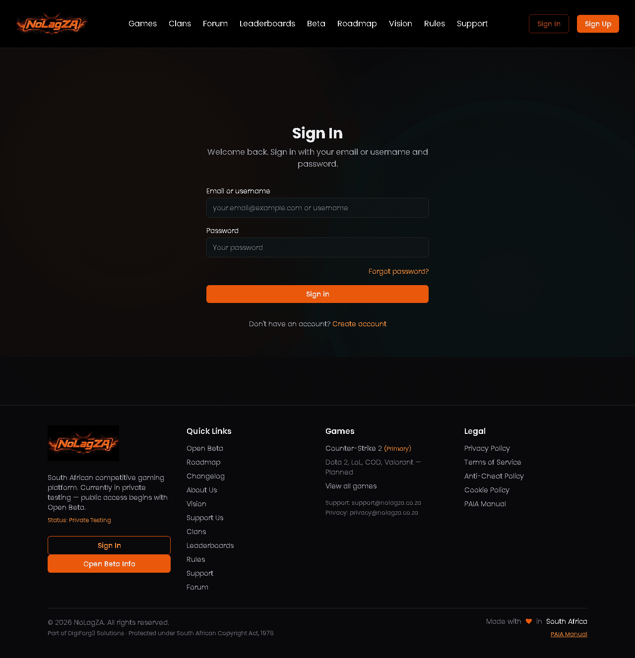 NoLagZA email and username sign-in