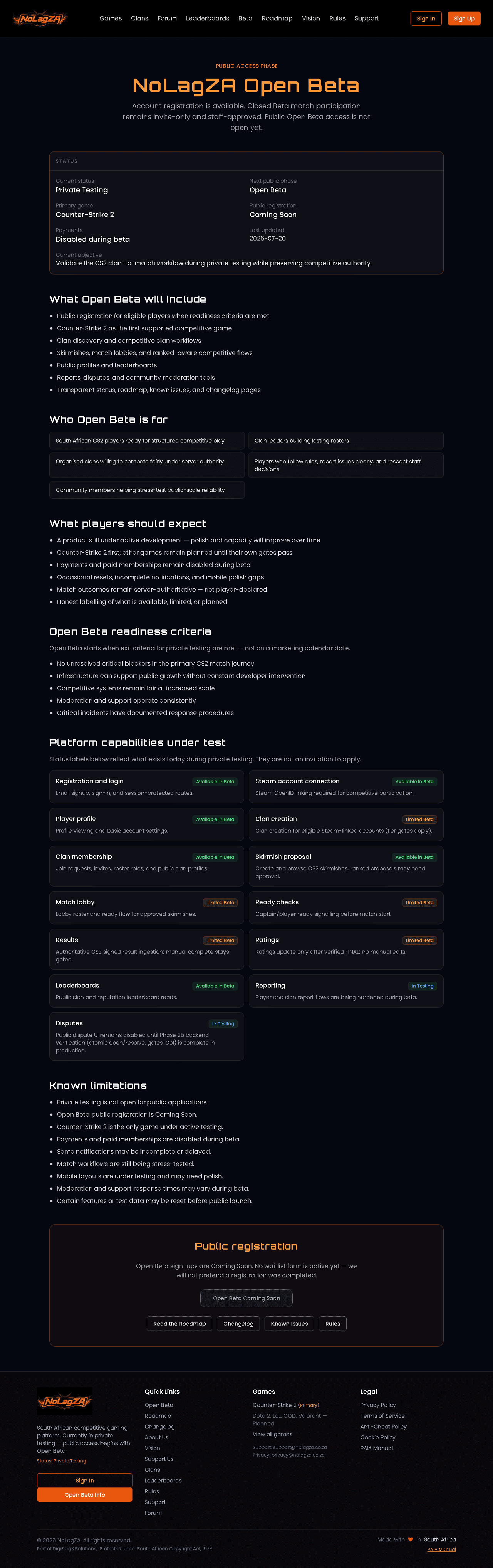 NoLagZA private testing status page