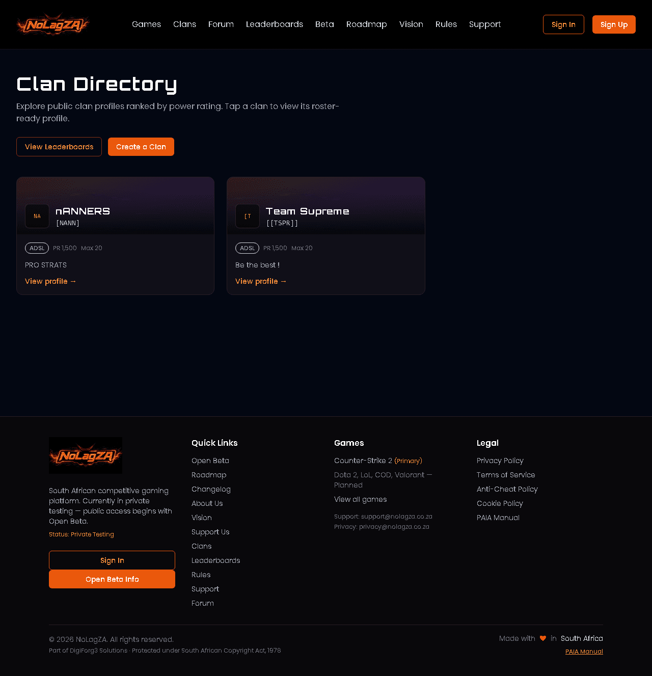 Public clan directory on NoLagZA