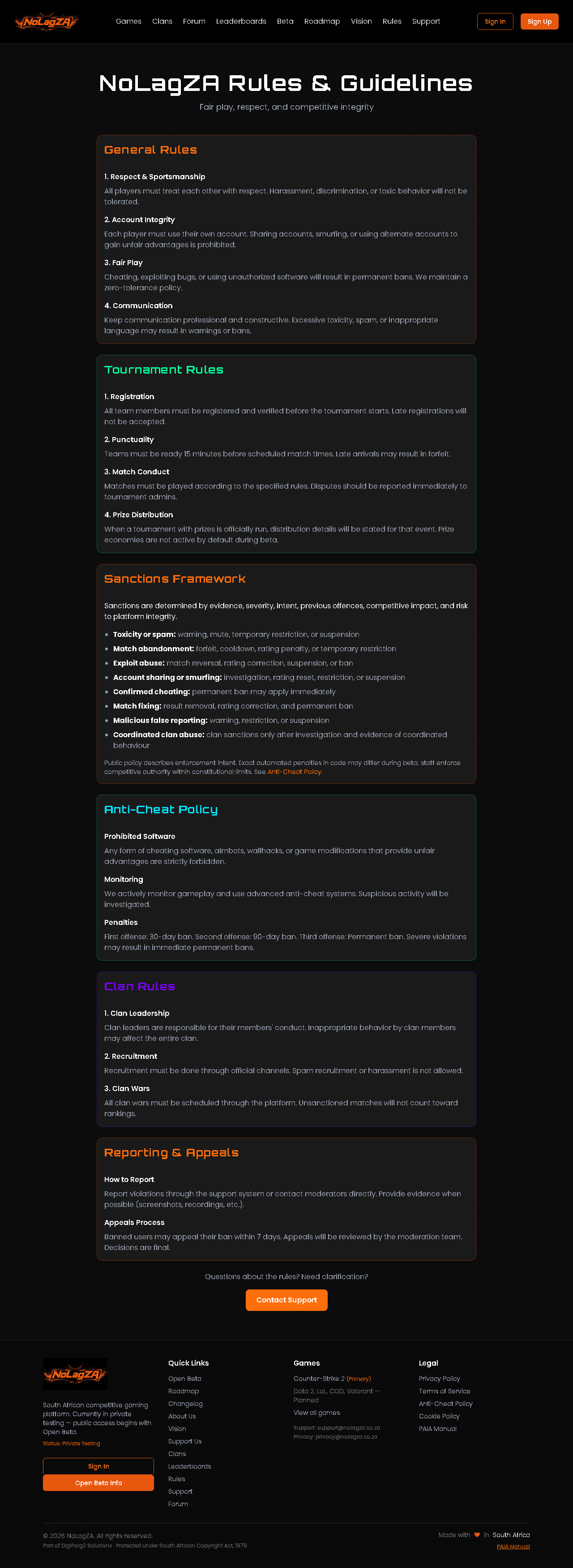 Published NoLagZA player rules